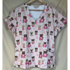 Gabby Brooke Pink Ribbon Bear Scrubtop For Women, M, Breast Cancer Awareness